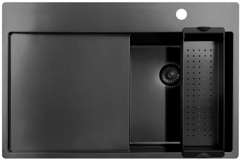 Pure.Sink Exclusivo Gun Metal petit évier avec zone d'égouttage 78x52 cm Tapwing à droite PEX3478RT-61