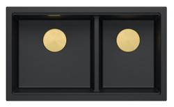 Quadri Newport II Double Évier en Granit Noir 76x45 cm avec Bouchon Doré 1208971366
