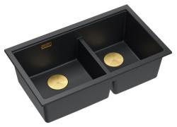 Quadri Newport II Double Évier en Granit Noir 76x45 cm avec Bouchon Doré 1208971366