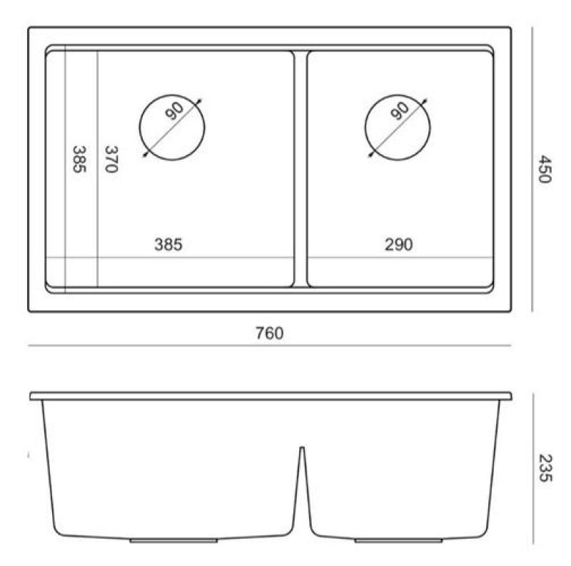 Quadri Newport II Double Évier en Granit Noir 76x45 cm avec Bouchon Doré 1208971366