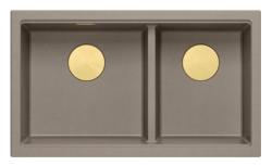 Quadri Newport II Double Taupe Granit Évier de surface 76x45 cm avec bouchon doré 1208971367