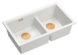 Quadri Newport II Double Évier Sous-Plan en Granit Blanc 702 x 390 mm avec Bouchon en Cuivre 1208971373