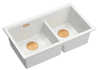 Quadri Newport II Double Évier Sous-Plan en Granit Blanc 702 x 390 mm avec Bouchon en Cuivre 1208971373