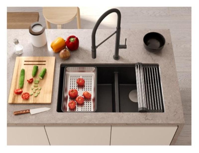 Quadri Newport II Évier sous-plan double en granit anthracite 702 x 390 mm avec bouchon en cuivre 1208971374