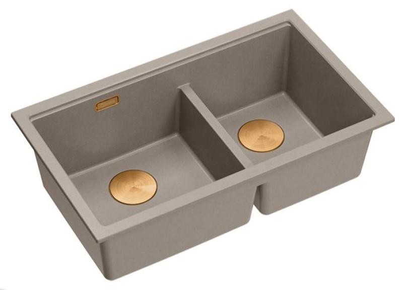 Quadri Newport II Double Taupe Granit Évier Sous Plan 702 x 390 mm avec Bouchon en Cuivre 1208971377