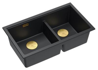 Quadri Newport II Double Évier Sous-Plan en Granit Noir 702 x 390 mm avec Bouchon Doré 1208971381