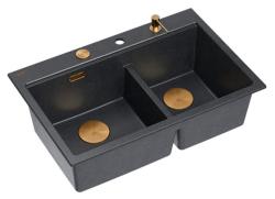 Évier de montage Quadri Hard Rock Double Granit Anthracite 76x50 cm avec bouchon de cuivre et accessoires 1208971388