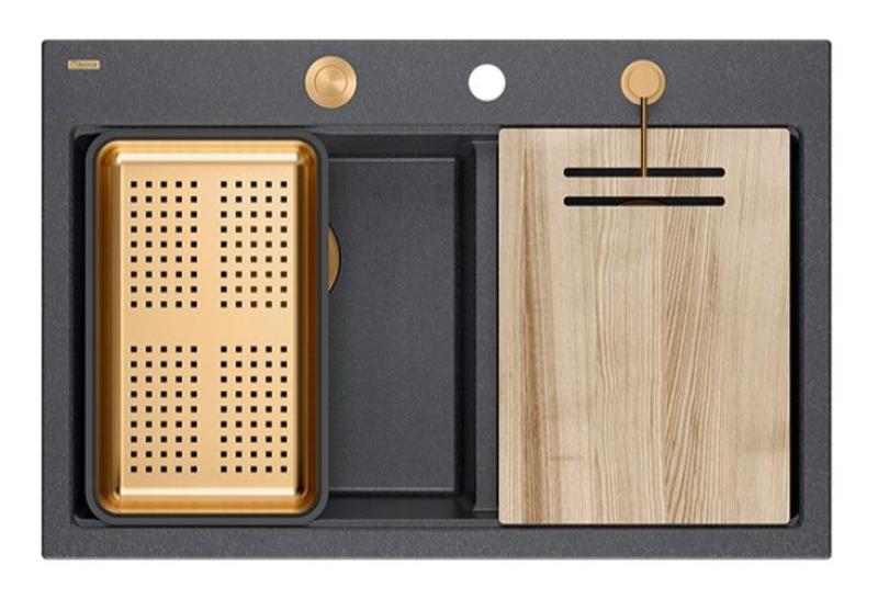 Évier de montage Quadri Hard Rock Double Granit Anthracite 76x50 cm avec bouchon de cuivre et accessoires 1208971388