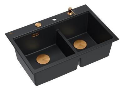 Quadri Hard Rock Double Évier en Granit Noir 76x50 cm avec Bouchon en Cuivre et Accessoires 1208971390