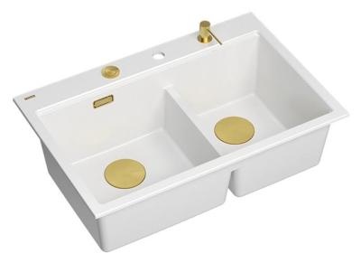 Quadri Hard Rock Double Évier en granit blanc 76x50 cm avec bouchon doré et accessoires 1208971392