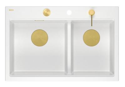 Quadri Hard Rock Double Évier en granit blanc 76x50 cm avec bouchon doré et accessoires 1208971392