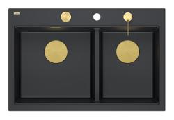 Évier Quadri Hard Rock en granit noir double à monter 76x50 cm avec bouchon doré et accessoires 1208971395