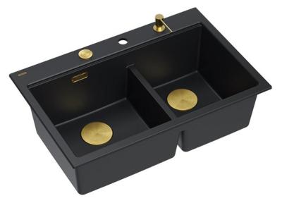 Évier Quadri Hard Rock en granit noir double à monter 76x50 cm avec bouchon doré et accessoires 1208971395