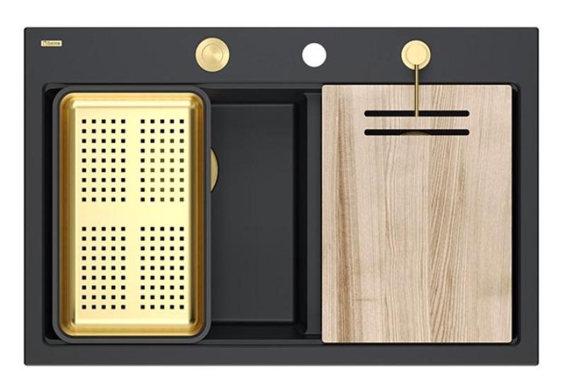 Évier Quadri Hard Rock en granit noir double à monter 76x50 cm avec bouchon doré et accessoires 1208971395