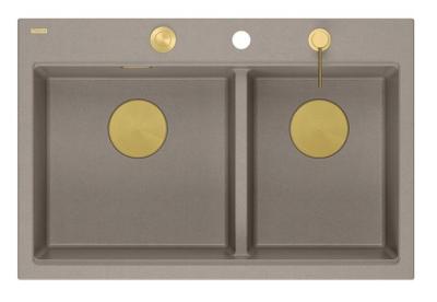 Quadri Hard Rock Double Taupe Granit Évier de montage 76x50 cm avec bouchon d'or et accessoires 1208971396