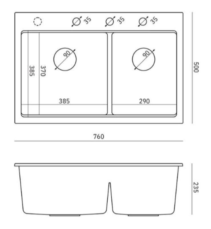Quadri Hard Rock Double Évier de montage en granit blanc 76x50 cm avec bouchon en inox et accessoires 1208971398