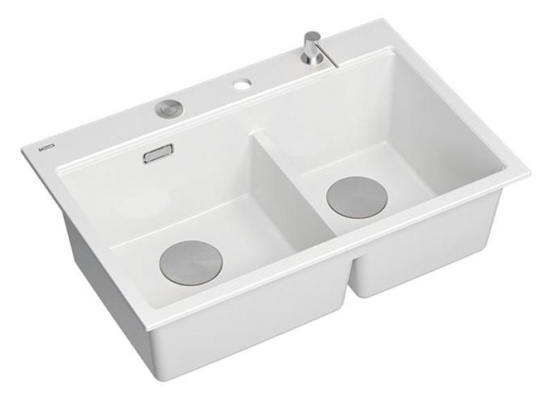 Quadri Hard Rock Double Évier de montage en granit blanc 76x50 cm avec bouchon en inox et accessoires 1208971398