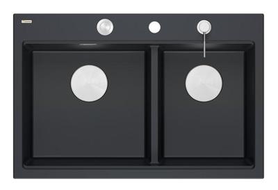 Quadri Hard Rock Double Évier en Granit Noir 76x50 cm avec bouchon en inox et accessoires 1208971401