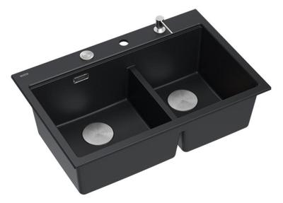 Quadri Hard Rock Double Évier en Granit Noir 76x50 cm avec bouchon en inox et accessoires 1208971401