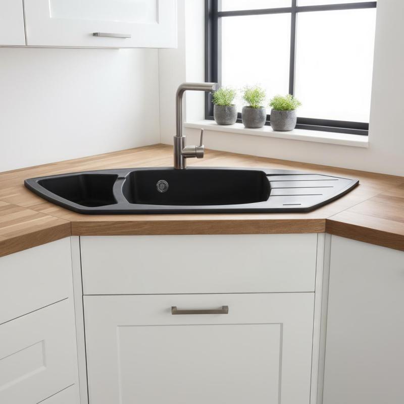 Graniteland Monte Évier d'angle en granit noir à poser 901x538mm avec Bouchon en inox 1208971413