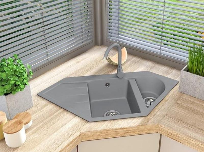 Graniteland Amiata Granit Gris Évier d'Angle à Poser 965x496mm avec Bouchon en Acier Inoxydable 1208971419