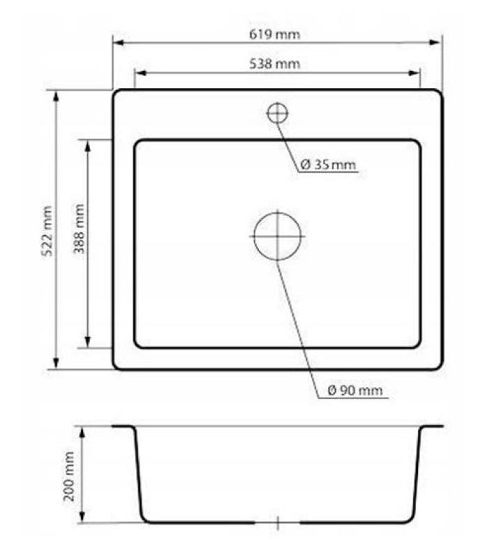 Graniteland Vastone Évier en Granit 619x522 mm Gris Montage avec Trou de Robinet et Bouchon en Acier Inoxydable 1208971448