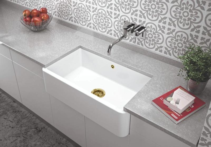 Ausmann Ceramic Mira Évier en céramique blanc - Sous-meuble et intermédiaire 795 x 460 mm avec bouchon doré 1208971466