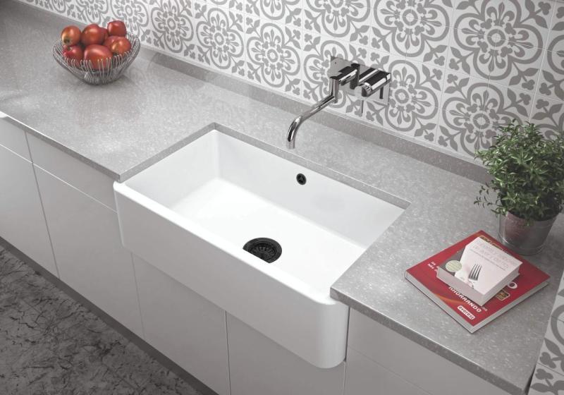 Ausmann Ceramic Mira Évier en céramique blanc - Sous-meuble et intermédiaire 795 x 460 mm avec bouchon noir 1208971469