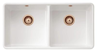 Ausmann Ceramic Mira Évier double en céramique blanc - Sous-structure et interstructure 890 x 456 mm avec bouchons en cuivre 1208971472