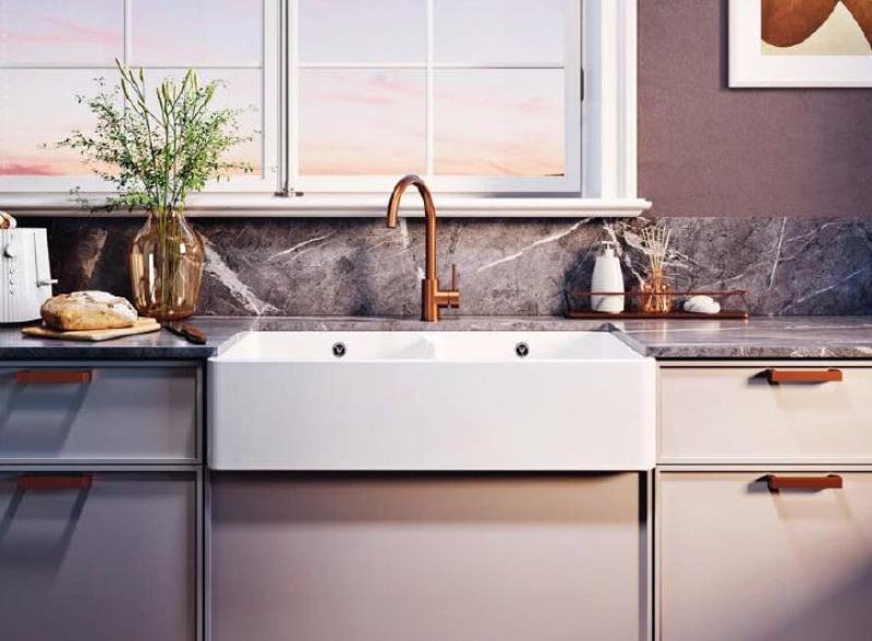 Ausmann Ceramic Mira Évier double en céramique blanc - Sous-structure et interstructure 890 x 456 mm avec bouchons en cuivre 1208971472