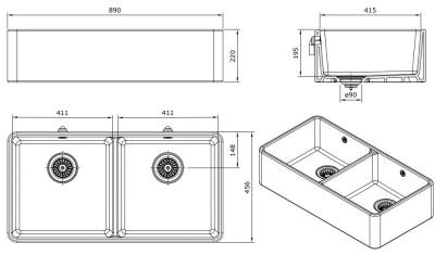 Ausmann Ceramic Mira Évier Double en Céramique Blanc - Sous-Montage et Semi-Encastré 890 x 456 mm avec Bouchons Noirs 1208971474