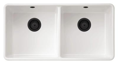 Ausmann Ceramic Mira Évier Double en Céramique Blanc - Sous-Montage et Semi-Encastré 890 x 456 mm avec Bouchons Noirs 1208971474