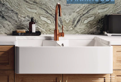 Ausmann Ceramic Mira Évier Double en Céramique Blanc - Sous-évier et Intermédiaire 793 x 450 mm avec trou pour robinet et bouchon doré 1208971476