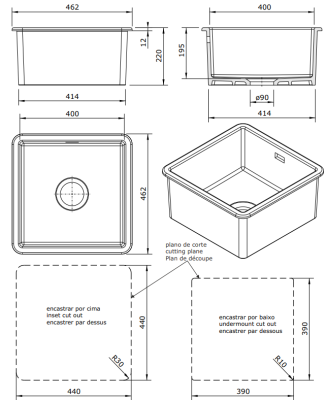 Ausmann Ceramic Ember Évier Carré en Céramique Mat Noir Montage en Surface et Sous Plan 40 x 40 cm avec Bouchon en Cuivre 1208971487