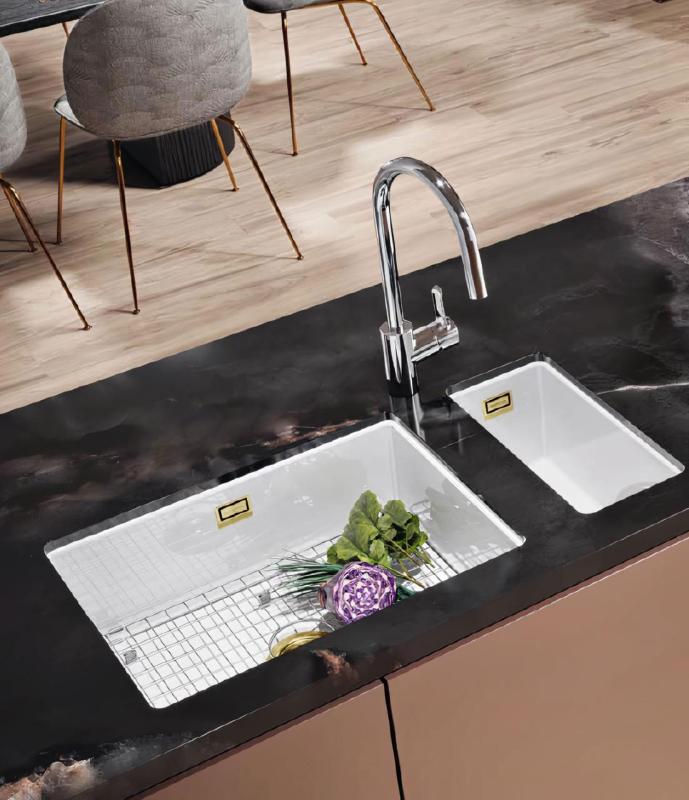 Ausmann Ceramic Ember Évier demi-céramique blanc Montage en surface et sous plan 174 x 400 mm avec bouchon doré 1208971501