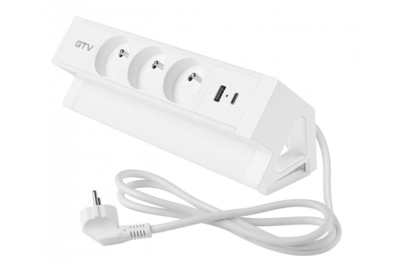 Prise de meuble Basco, 3 x prise avec mise à la terre, USB A+C, câble de 1,5 m, blanc avec montage