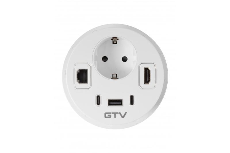 Prise de meuble RONDO, 1xSHUKO, 1xUSB-A, 2xUSB-C, HDMI, câble RJ45 1,5 m, blanc