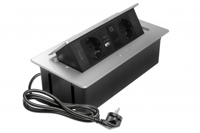 Prise de mobilier MULTISOFT, 2xSCHUKO, USB A+C, RJ45, câble 1,5 m, aluminium