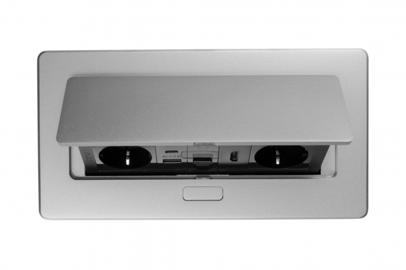 Prise de meuble MULTISOFT, 2xSHUKO, USB A+C, RJ45, câble HDMI 1,5 m, aluminium