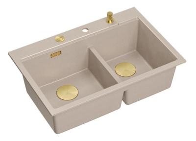 Quadri Hard Rock Double Évier de Montage Beige Granit 76x50 cm avec Bouchon Doré et Accessoires 1208971663