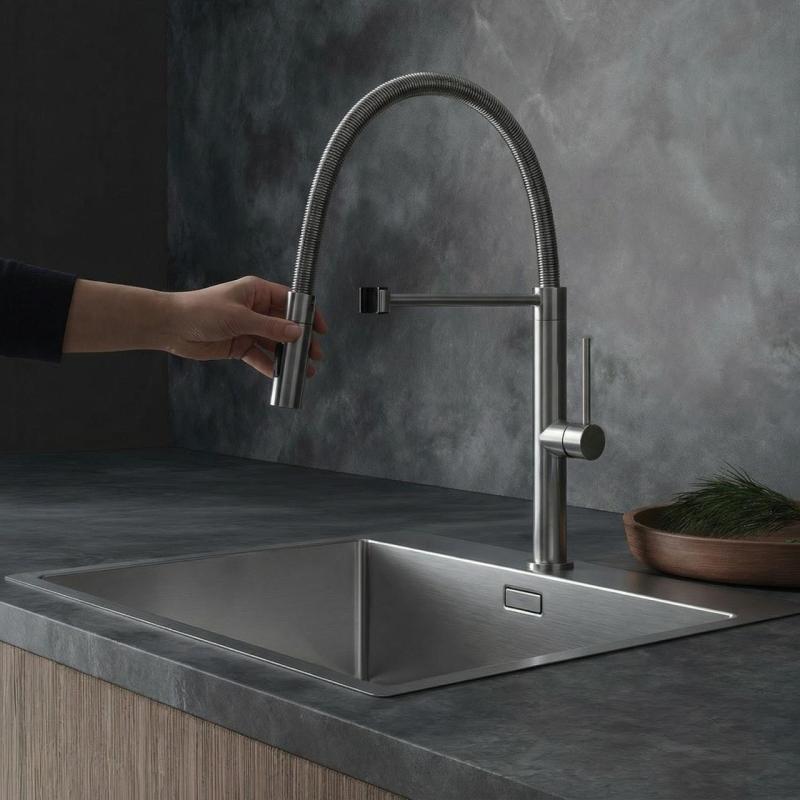 Pure.Sink Luxion Robinet de cuisine massif en acier inoxydable avec bec flexible et 2 types de jet PLXFLEX-02