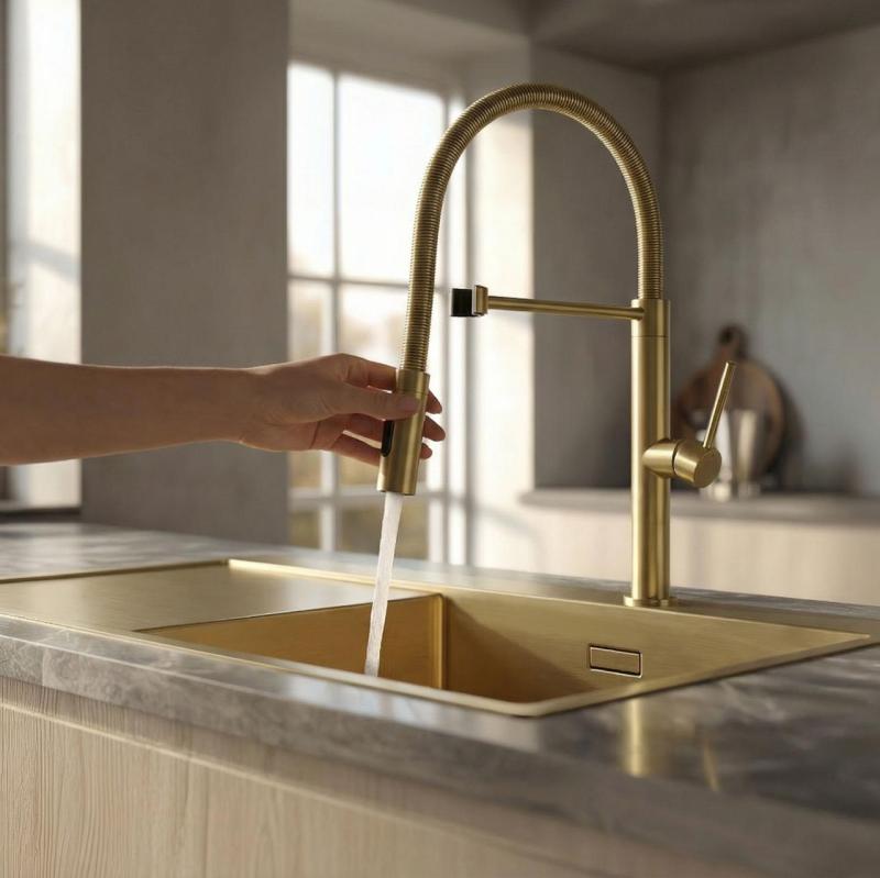 Pure.Sink Luxion Robinet de cuisine doré Profi avec bec flexible et 2 types de jet PLXFLEX-60