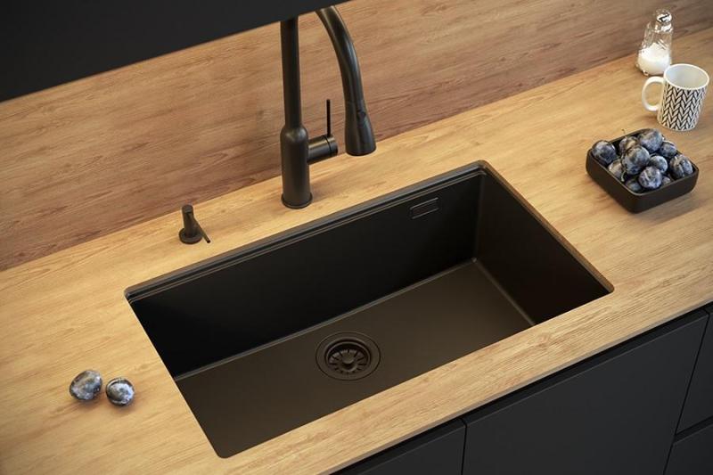 Quadri Newport II grand et profond évier en granit à poser et à encastrer beige 76x45cm avec bouchon doré 1208971759