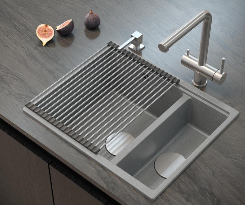 Quadri Newport II beige 1,5 évier en granit à poser et à encastrer 555x460mm avec bouchon en inox 1208971769
