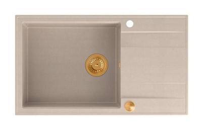 Quadri Luton perle beige grande vasque en granit avec égouttoir réversible 86x50cm avec bouchon en cuivre 1208971773