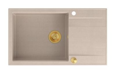 Quadri Luton perle beige grand évier en granit avec zone d'égouttage réversible 86x50cm avec bouchon doré 1208971774