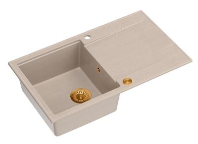 Évier en granit beige perle Quadri Luton à poser avec égouttoir réversible 86x50cm avec bouchon en cuivre 1208971777