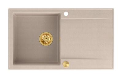 Quadri Luton perle beige évier en granit avec égouttoir réversible 86x50cm avec bouchon doré 1208971778