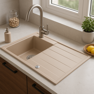 Évier en granit beige perle Quadri Luton avec surface d'égouttement réversible 86x50cm avec bouchon en acier inoxydable 1208971779