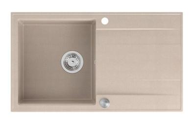 Évier en granit beige perle Quadri Luton avec surface d'égouttement réversible 86x50cm avec bouchon en acier inoxydable 1208971779